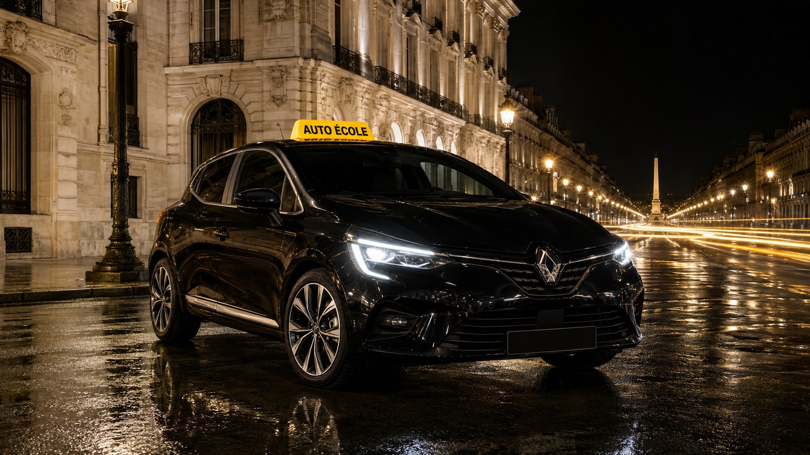 Une Renault Clio V noire d'auto-école, panneau AUTO ÉCOLE jaune sur le toit, sur un boulevard parisien la nuit